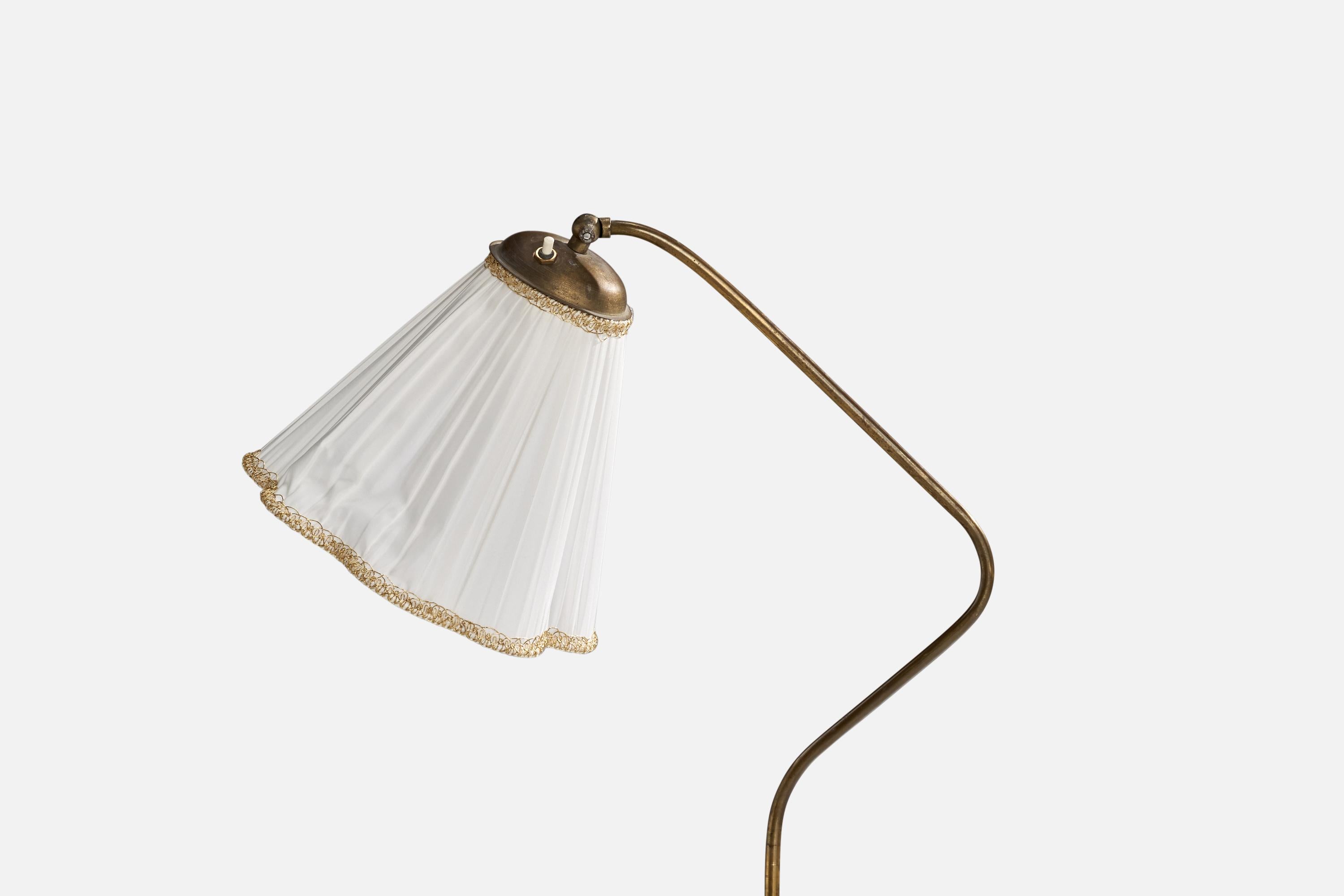 Scandinavian Modern Swedish Designer, Floor Lamp, Brass, Birch, Fabric, Sweden, 1930s. For Sale
