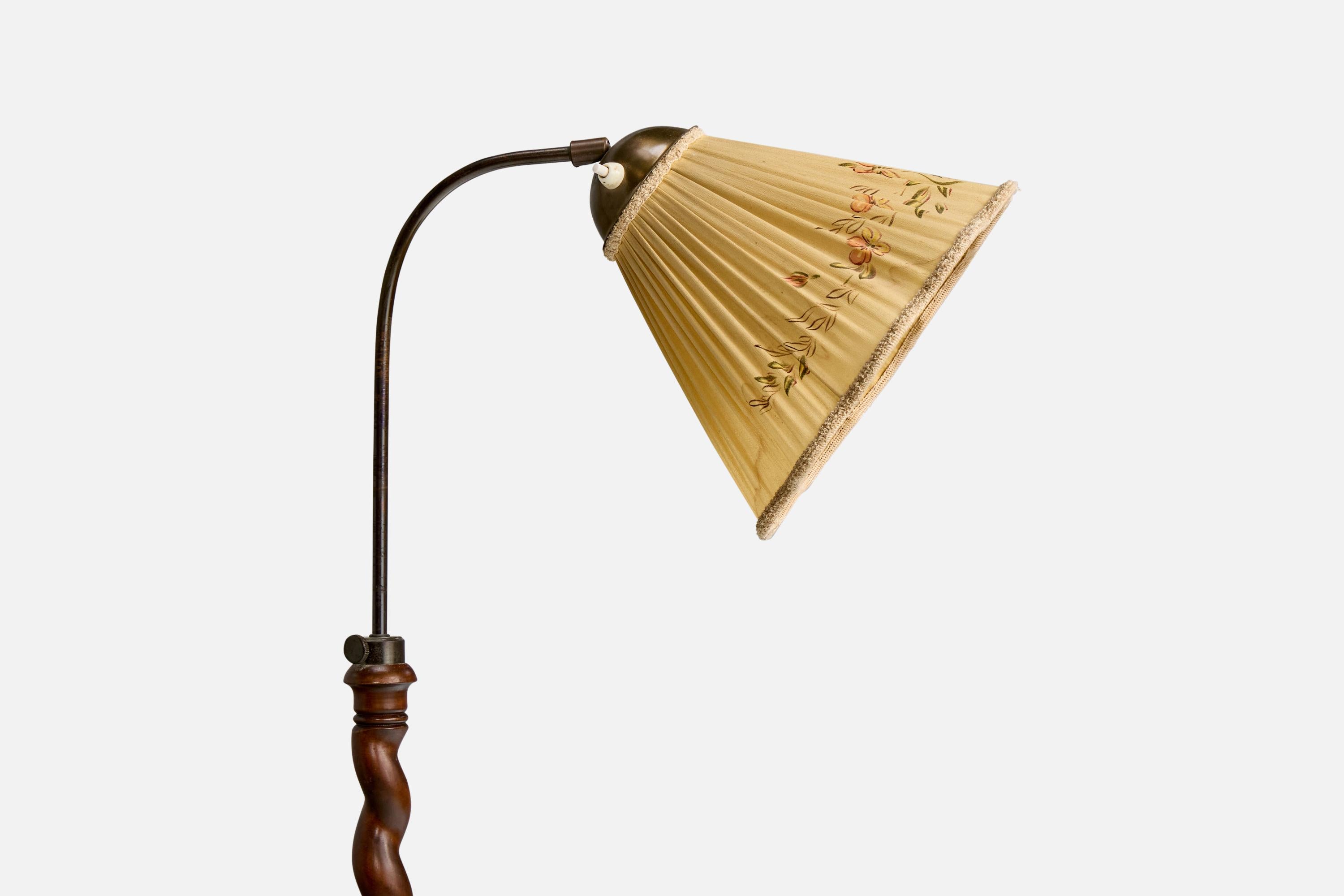 Scandinave moderne Designer suédois, lampadaire, laiton, bouleau, tissu, Suède, années 1930 en vente