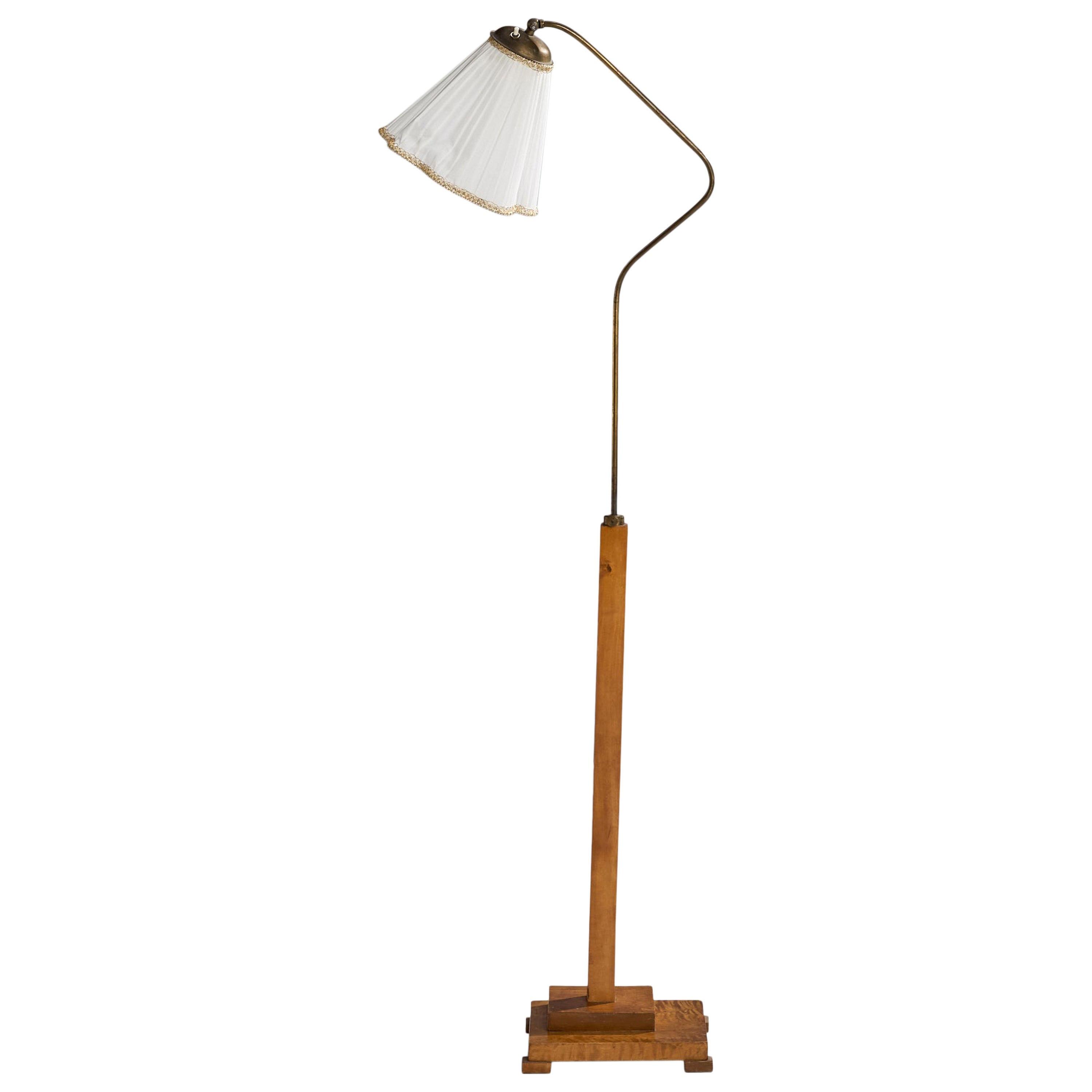 Designer suédois, lampadaire, laiton, bouleau, tissu, Suède, années 1930 en vente