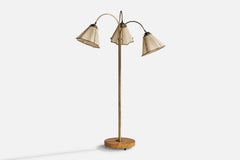 Schwedische Designerin, Stehlampe, Messing, Birke, Stoff, Schweden, 1940er Jahre