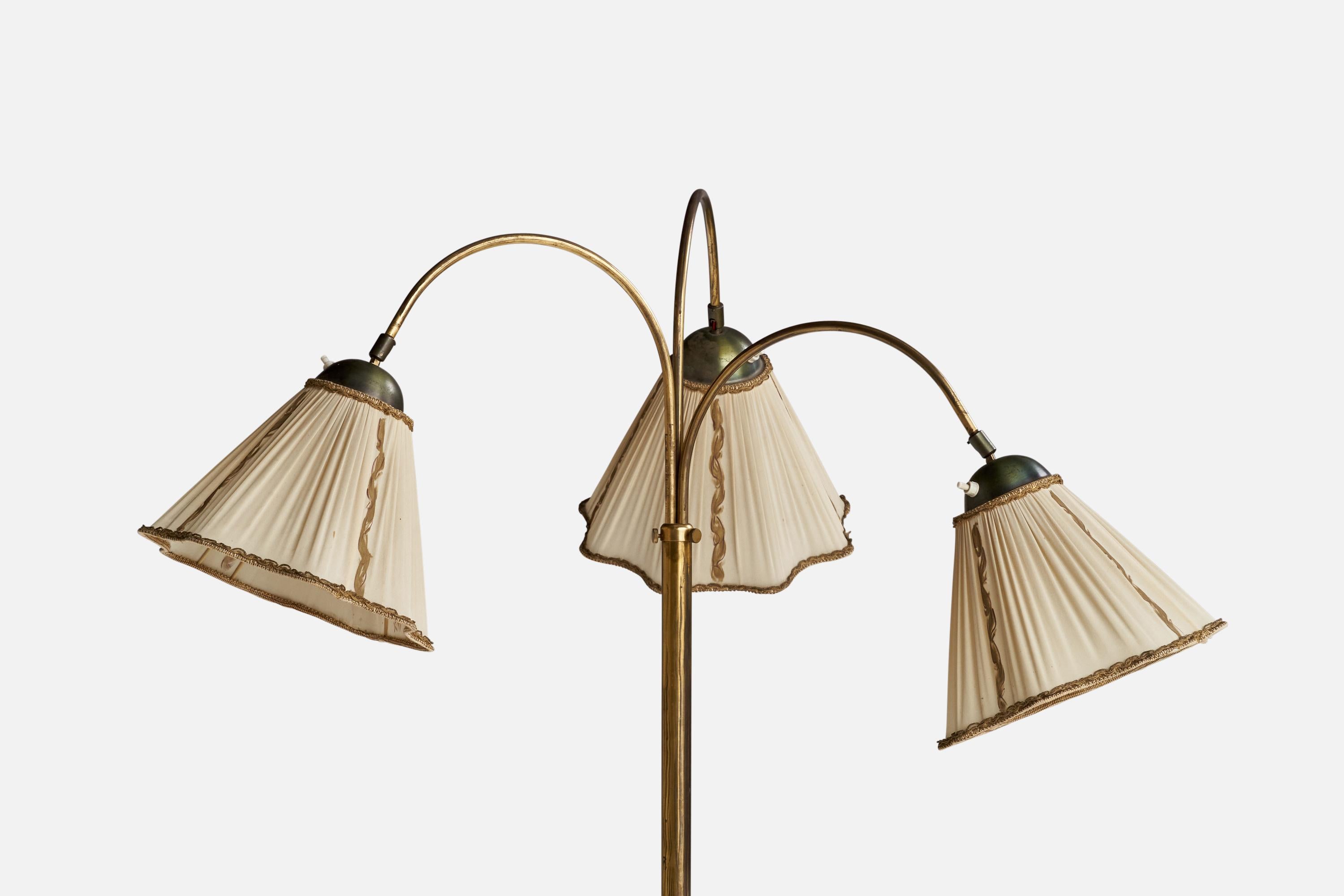 Scandinavian Modern Swedish Designer, Floor Lamp, Brass, Birch, Fabric, Sweden, 1940s For Sale