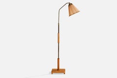 Schwedische Designerin, Stehlampe, Messing, Birke, Eiche, Stoff, Schweden, 1930er Jahre