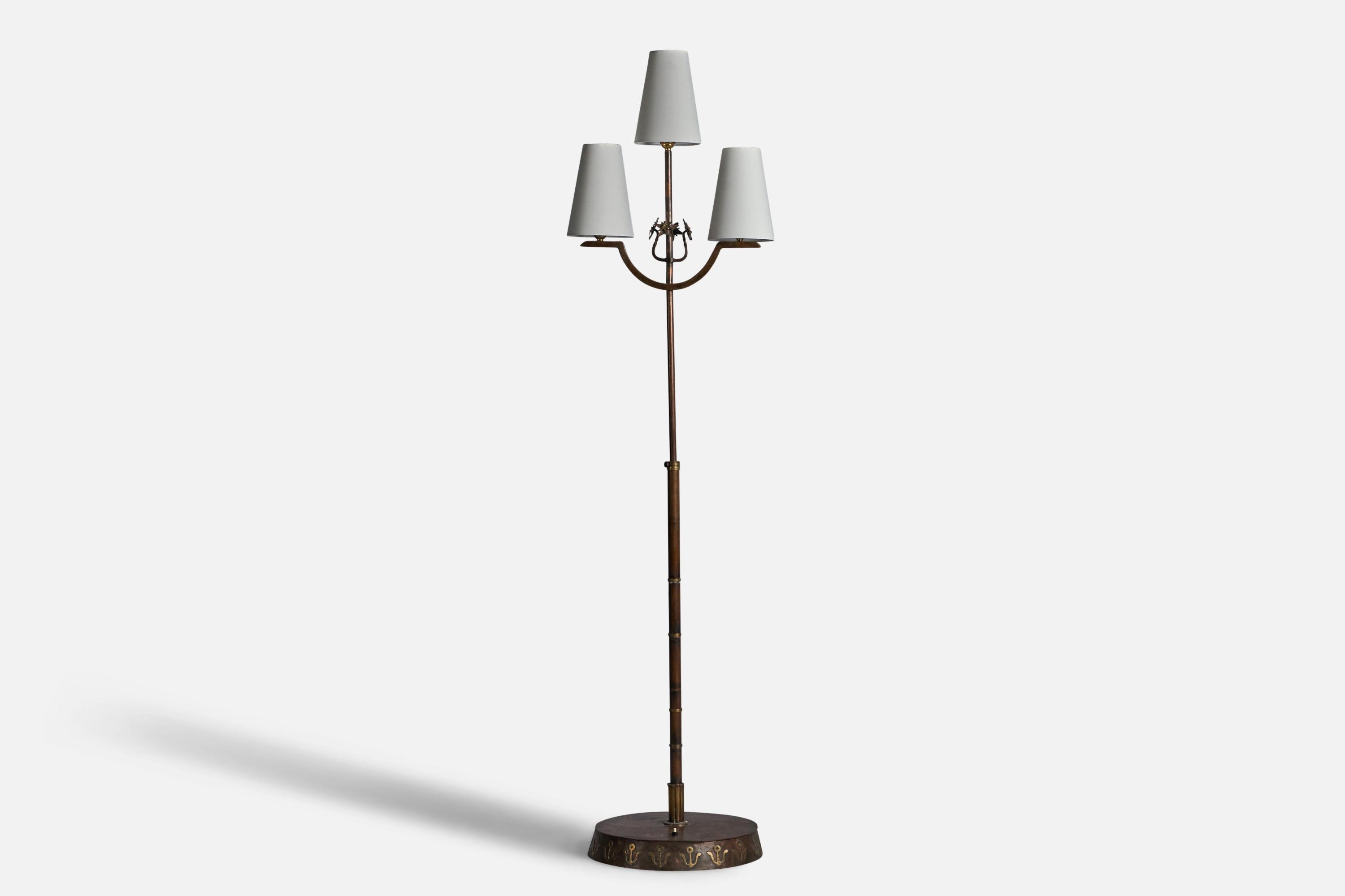 Mid-20th Century Swedish Designer, Floor Lamp, Brass, Copper, Fabric, Sweden, 1930s For Sale