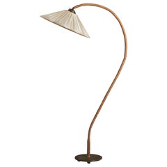 Lampada da terra di design svedese, ottone, cavo, tessuto, Svezia, anni '30