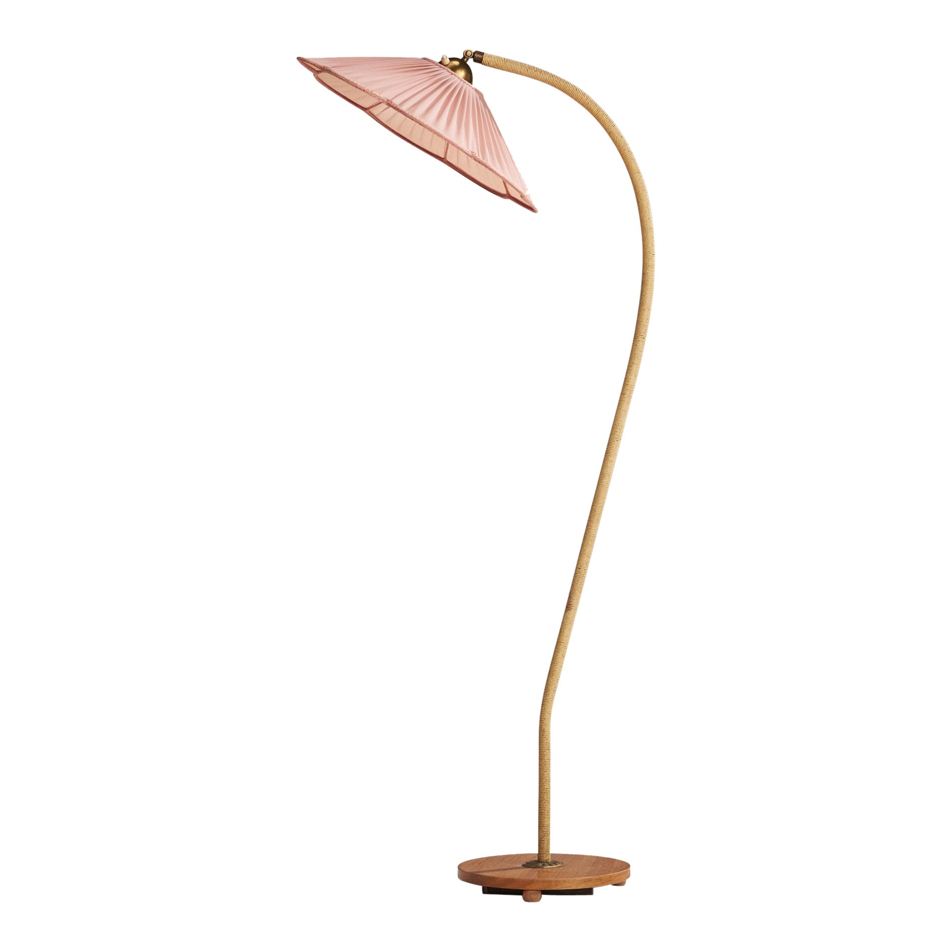Swedish Designer, Floor Lamp, Brass, Elm, Cord, Fabric, Sweden, 1940s