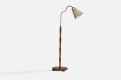 Swedish Designer, Floor Lamp, Brass, Elm, Fabric, Sweden, 1930s