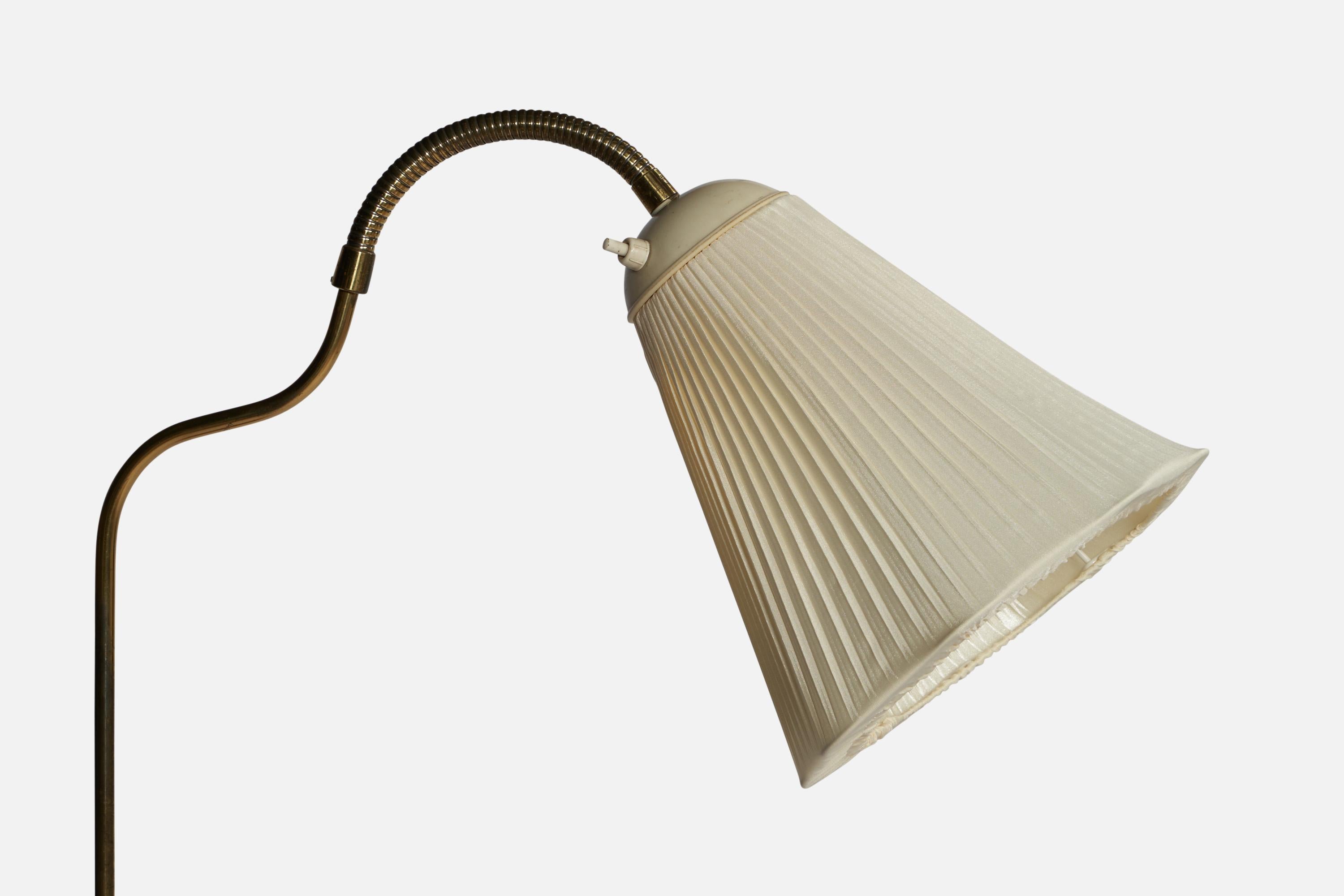 Mid-20th Century Swedish Designer, Floor Lamp, Brass, Elm, Fabric, Sweden, 1930s For Sale