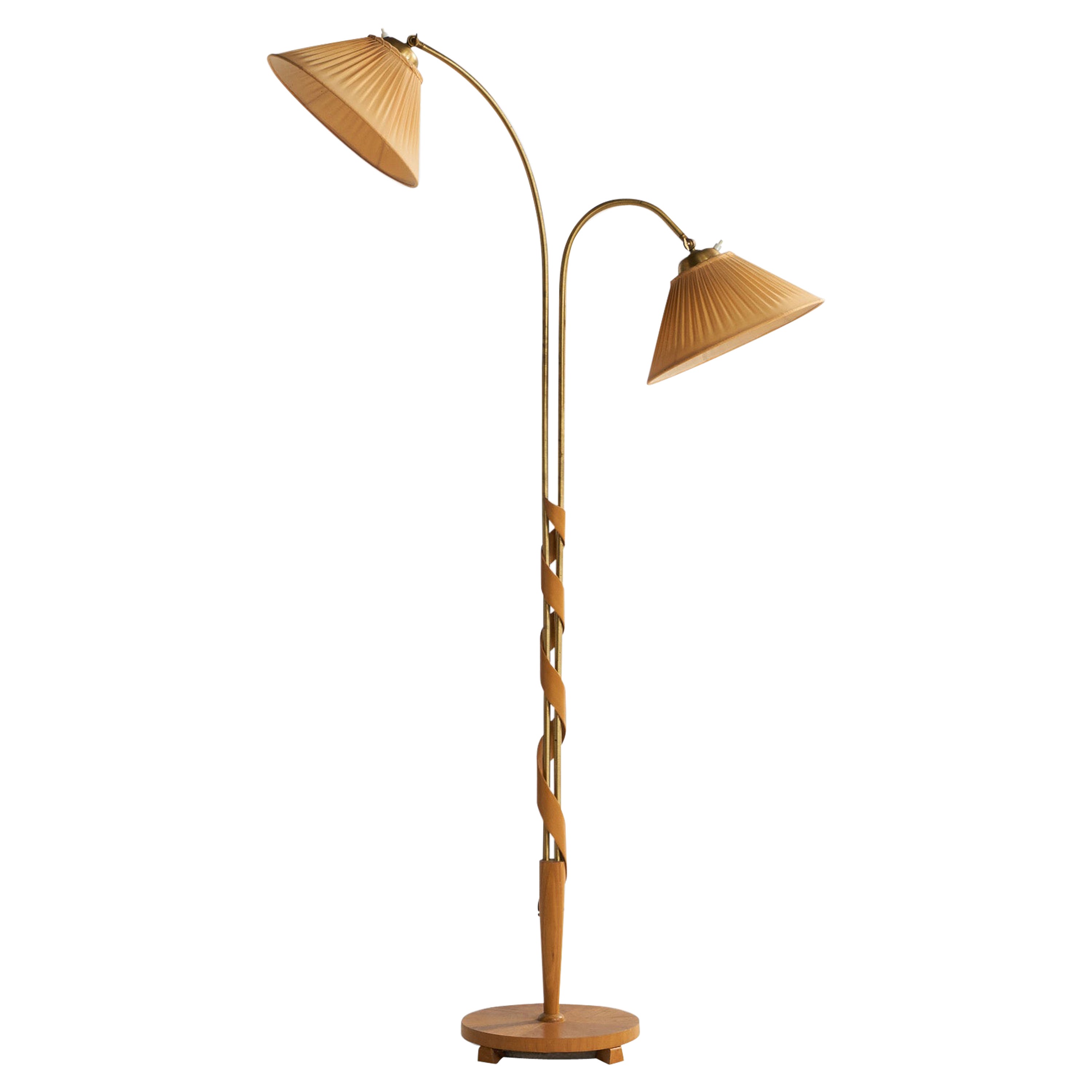 Lampada da terra di design svedese, ottone, olmo, tessuto, Svezia, anni '1930