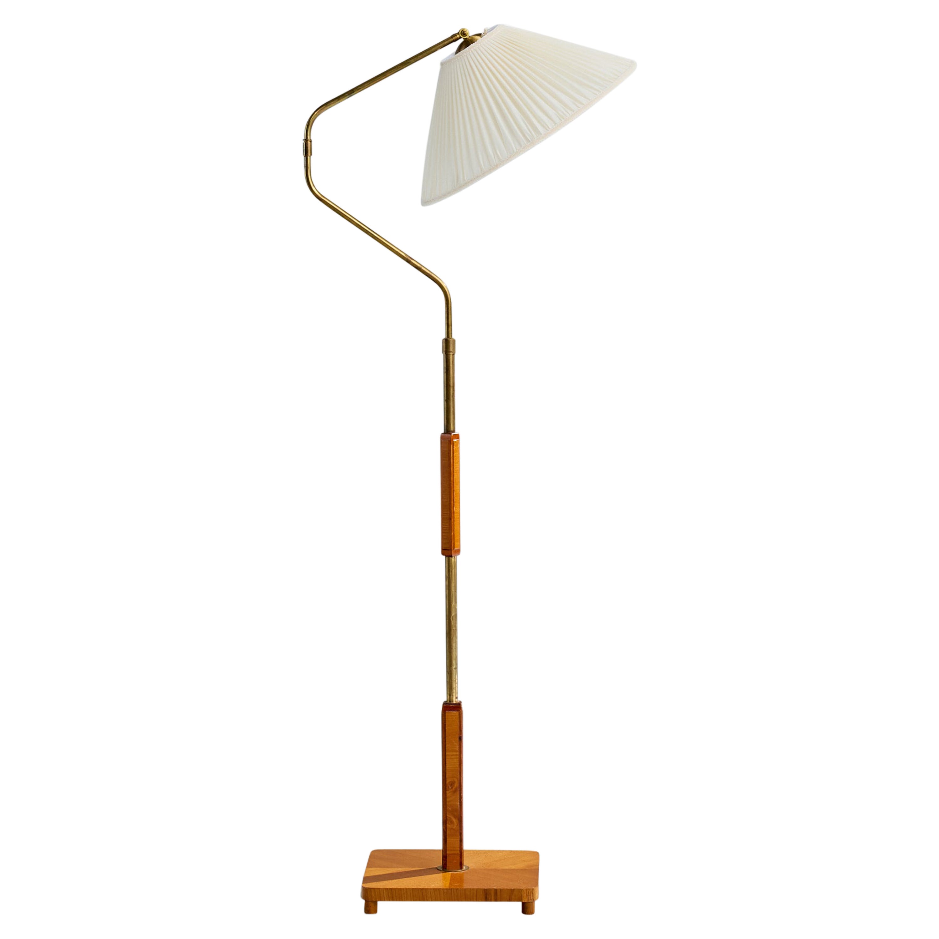 Swedish Designer, Floor Lamp, Brass, Elm, Fabric, Sweden, 1930s