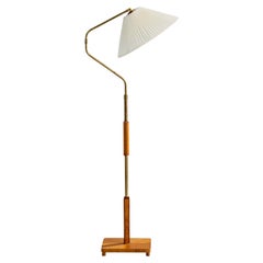 Swedish Designer, Floor Lamp, Brass, Elm, Fabric, Sweden, 1930s