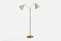 Swedish Designer, Floor Lamp, Brass, Elm, Fabric, Sweden, 1940s