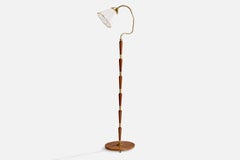 Swedish Designer, Floor Lamp, Brass, Elm, Fabric, Sweden, 1940s