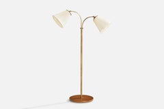 Swedish Designer, Floor Lamp, Brass, Elm, Fabric, Sweden, 1940s
