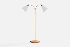 Swedish Designer, Floor Lamp, Brass, Elm, Fabric, Sweden, 1940s
