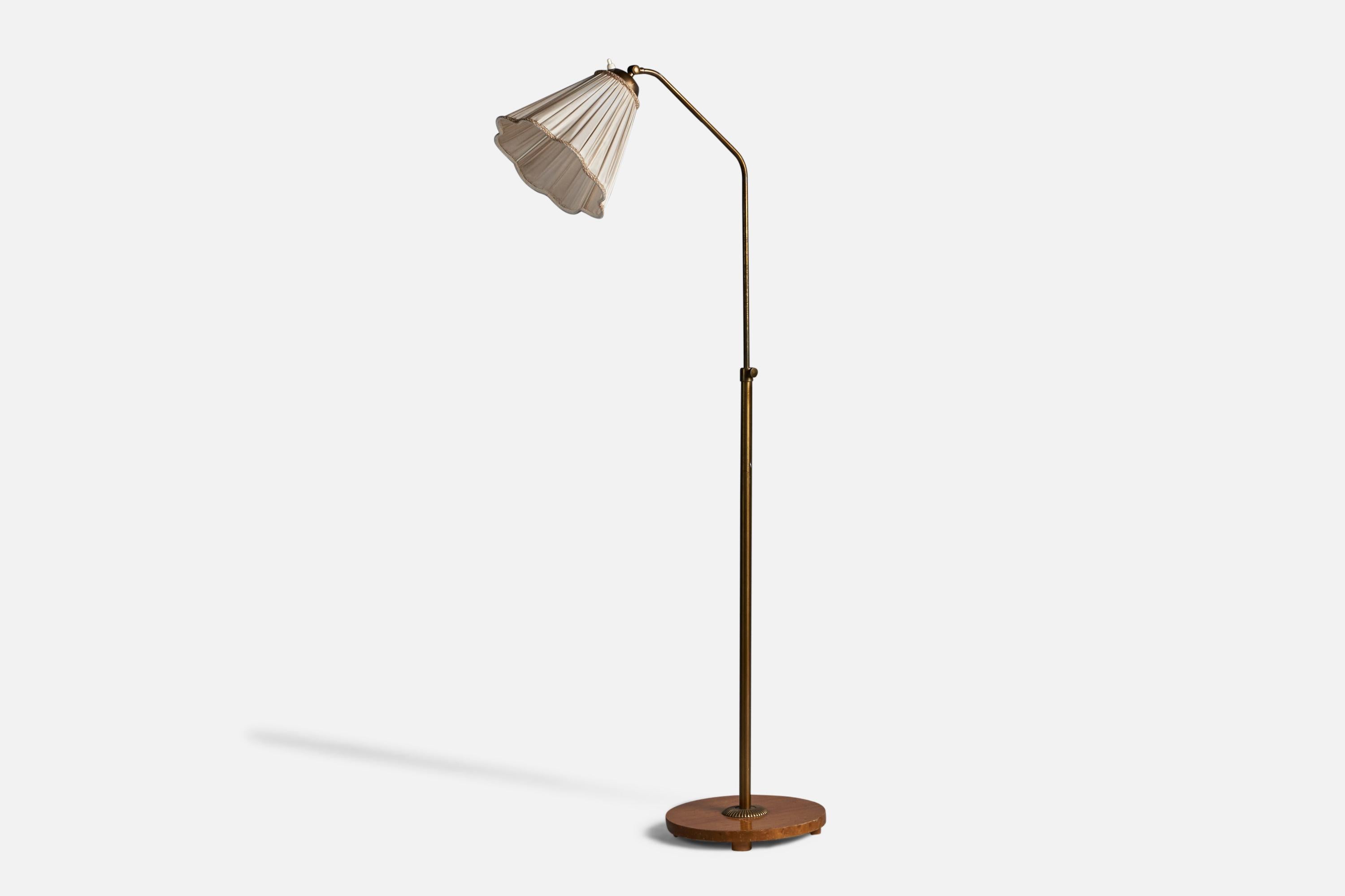 Scandinavian Modern Swedish Designer, Floor Lamp, Brass, Elm, Fabric, Sweden, 1940s For Sale