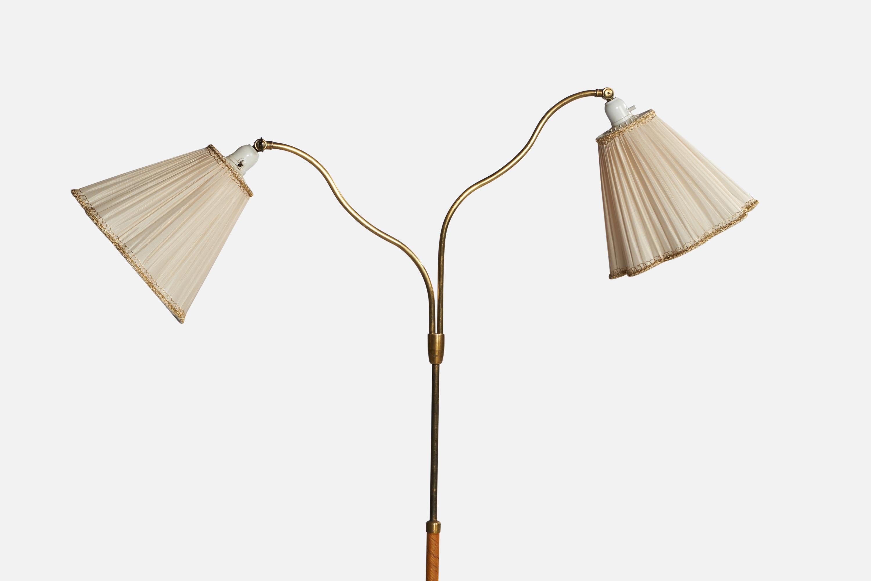 Scandinavian Modern Swedish Designer, Floor Lamp, Brass, Elm, Fabric, Sweden, 1940s