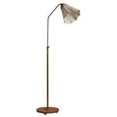 Lampada da terra di design svedese, ottone, olmo, tessuto, Svezia, anni '40