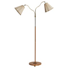 Swedish Designer, Floor Lamp, Brass, Elm, Fabric, Sweden, 1940s