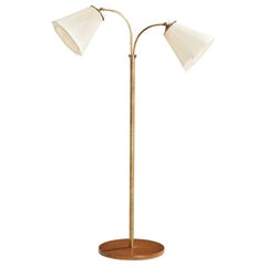 Swedish Designer, Floor Lamp, Brass, Elm, Fabric, Sweden, 1940s