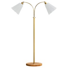 Swedish Designer, Floor Lamp, Brass, Elm, Fabric, Sweden, 1940s