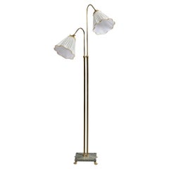 Schwedischer Designer, Stehlampe, Messing, Stoff, Marmor, Schweden, 1940er Jahre