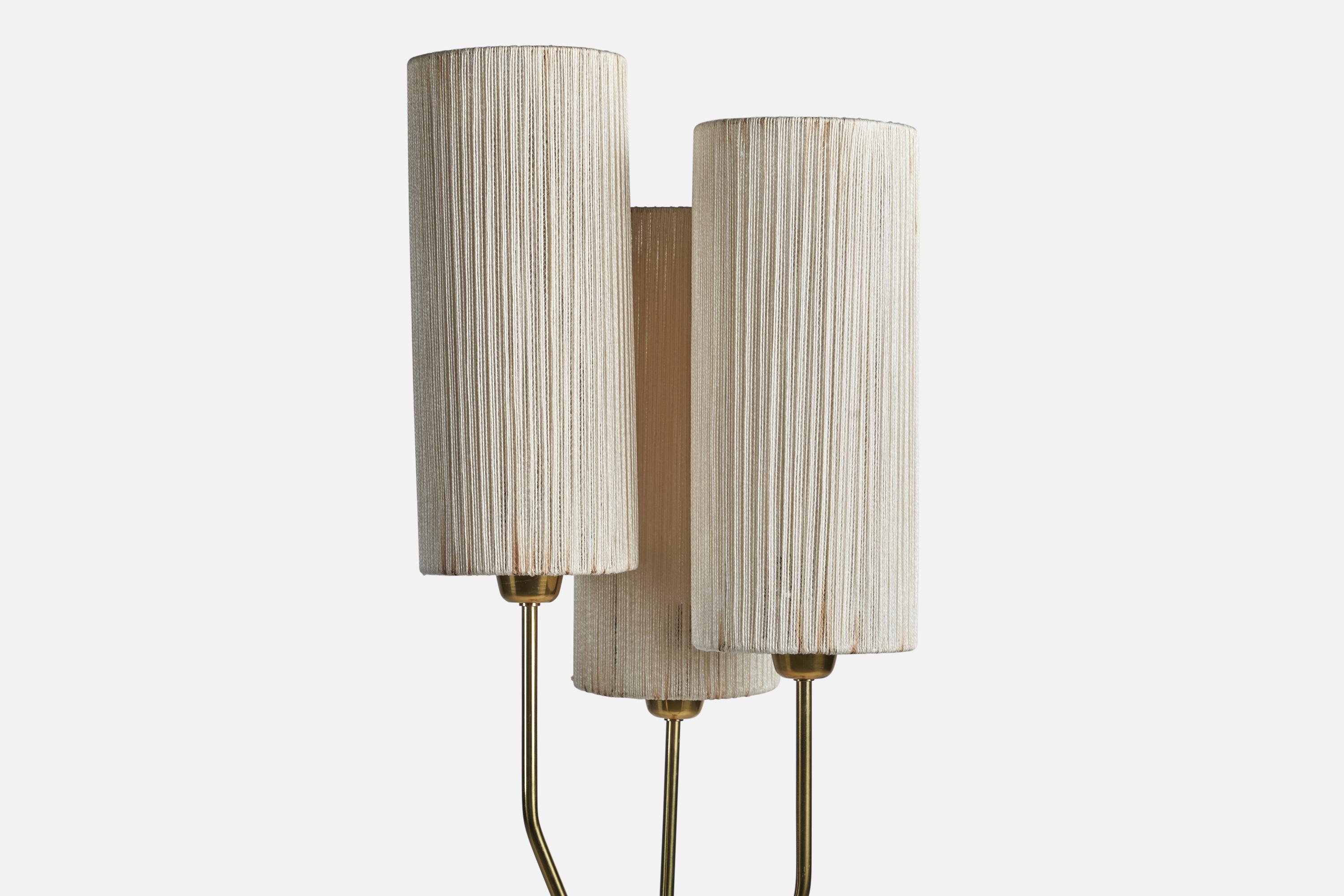 Mid-Century Modern Swedish Designer, Floor Lamp, Brass, Fabric String, Teak, Sweden, 1950s For Sale