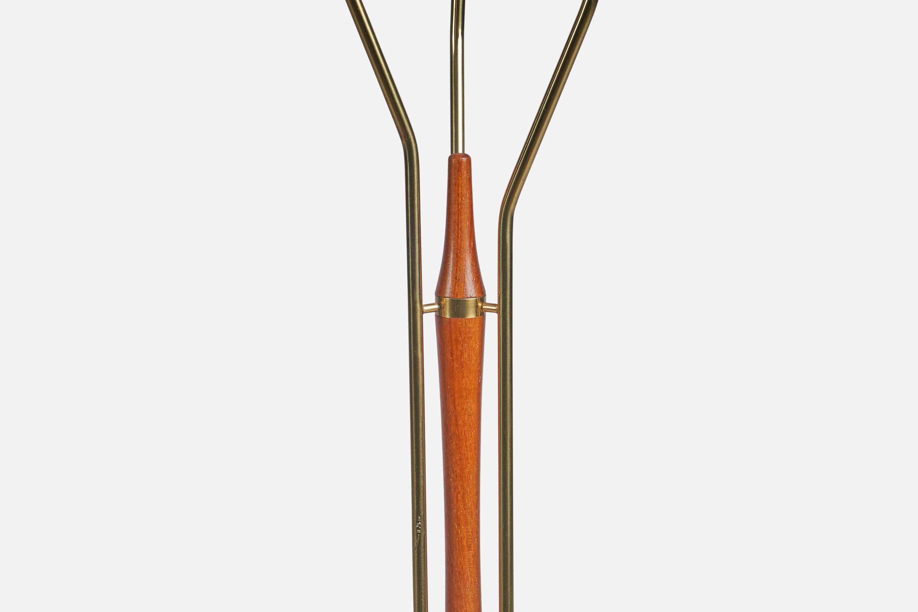 Swedish Designer, Floor Lamp, Brass, Fabric String, Teak, Sweden, 1950s In Good Condition For Sale In High Point, NC