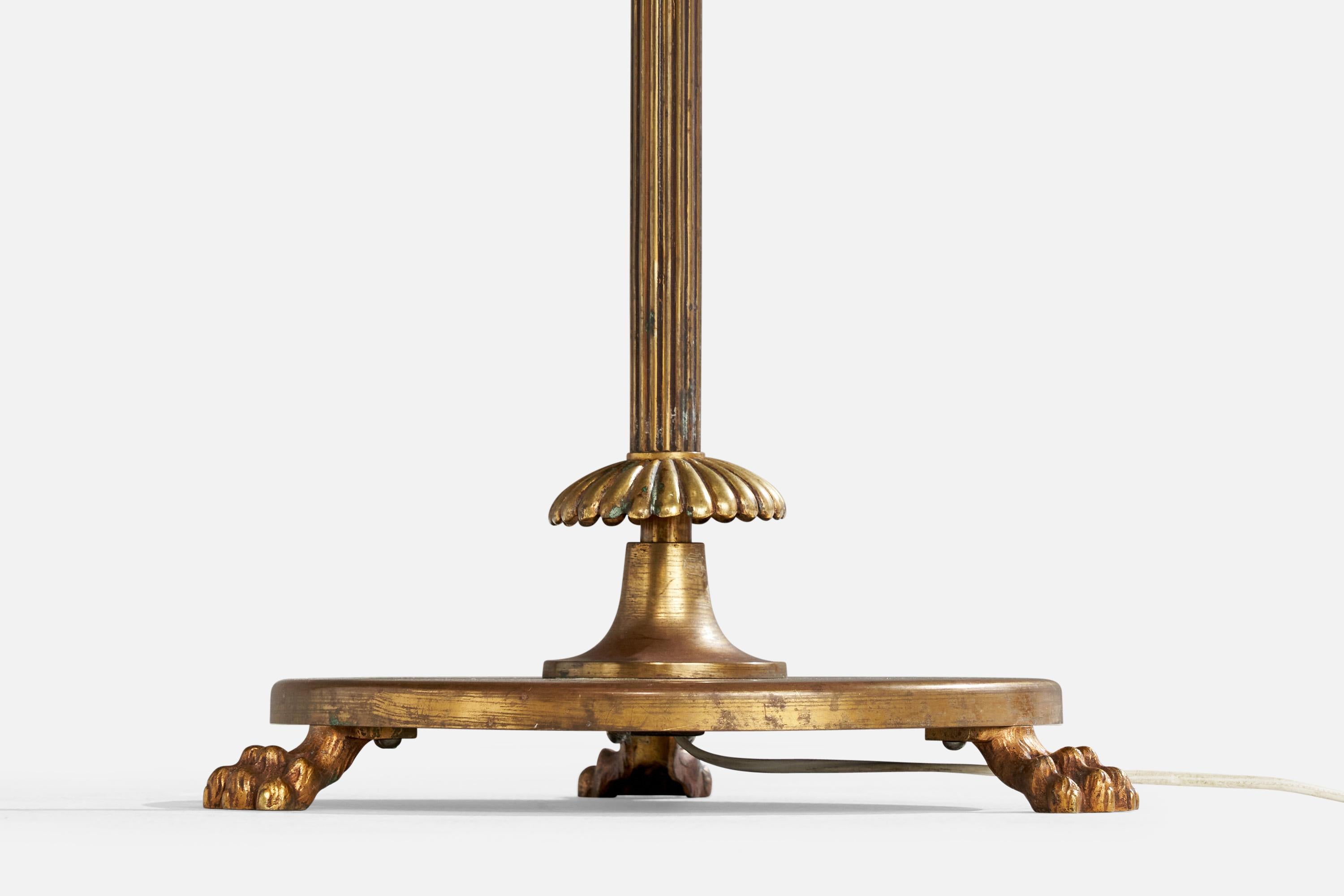 Lampada da terra di design svedese, ottone, tessuto, Svezia, anni '1930 in vendita 3