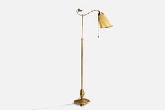 Swedish Designer, Floor Lamp, Brass, Fabric, Sweden, 1930s