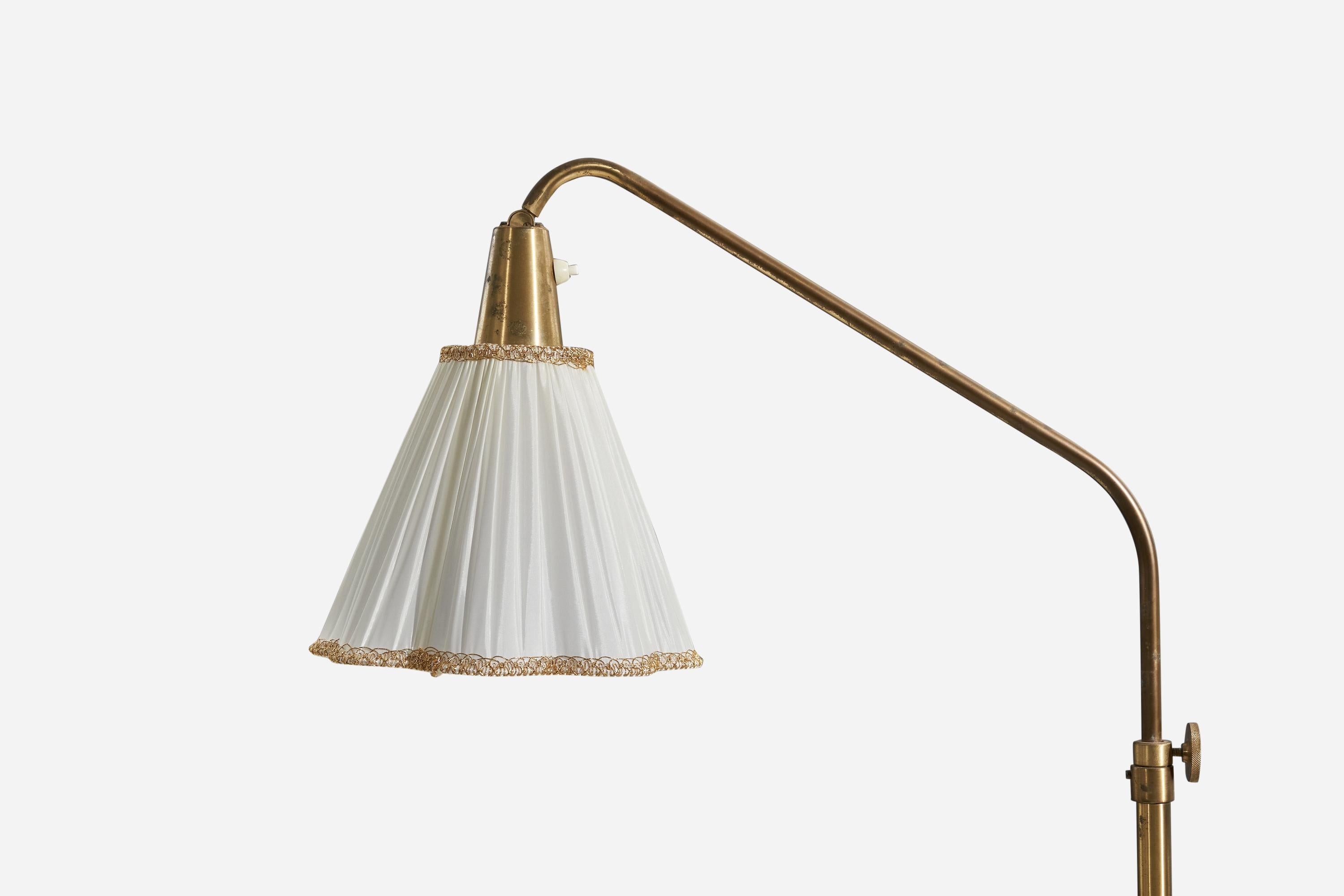 Scandinavian Modern Swedish Designer, Floor Lamp, Brass, Fabric, Sweden, 1930s For Sale