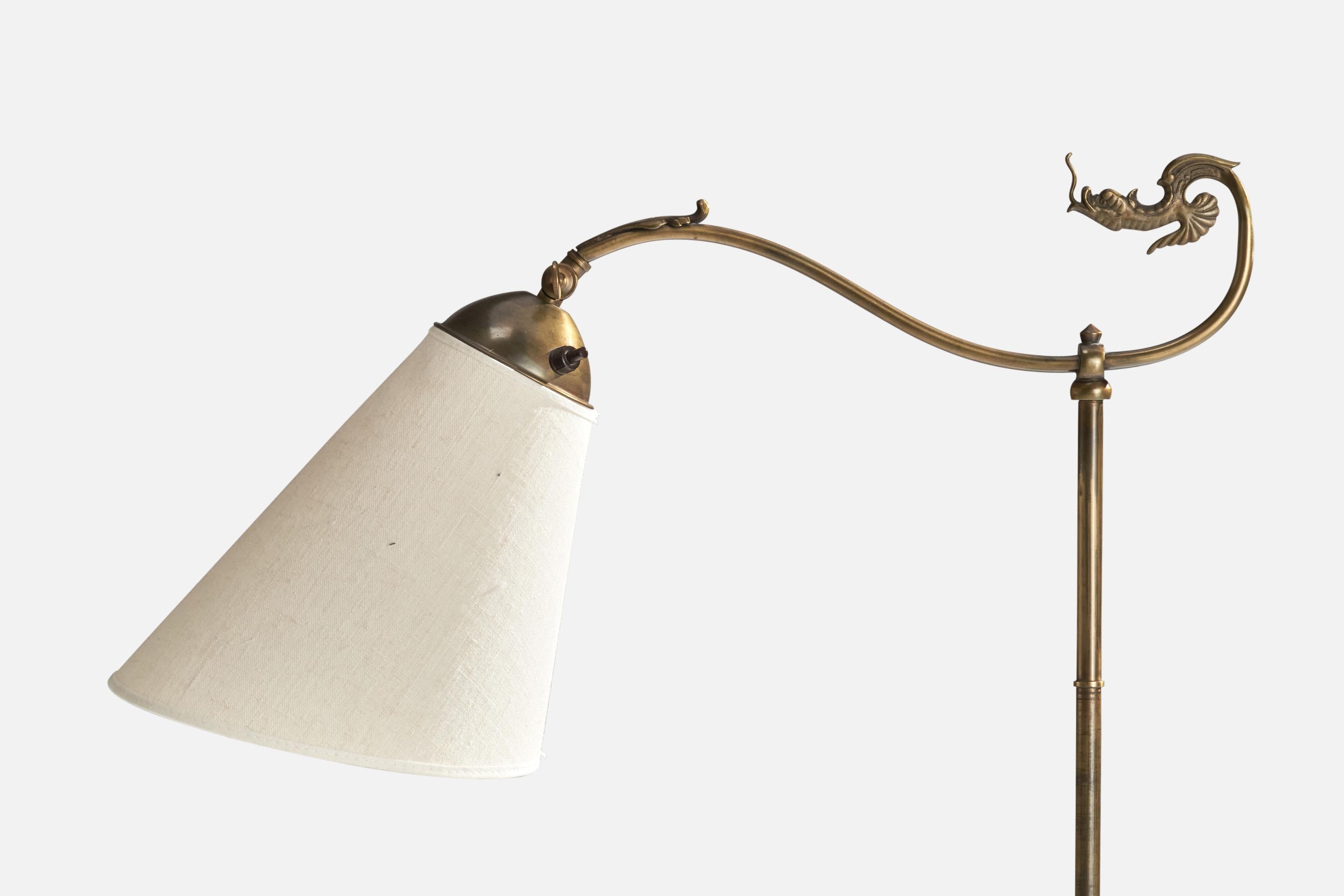 Scandinavo moderno Lampada da terra di design svedese, ottone, tessuto, Svezia, anni '1930 in vendita