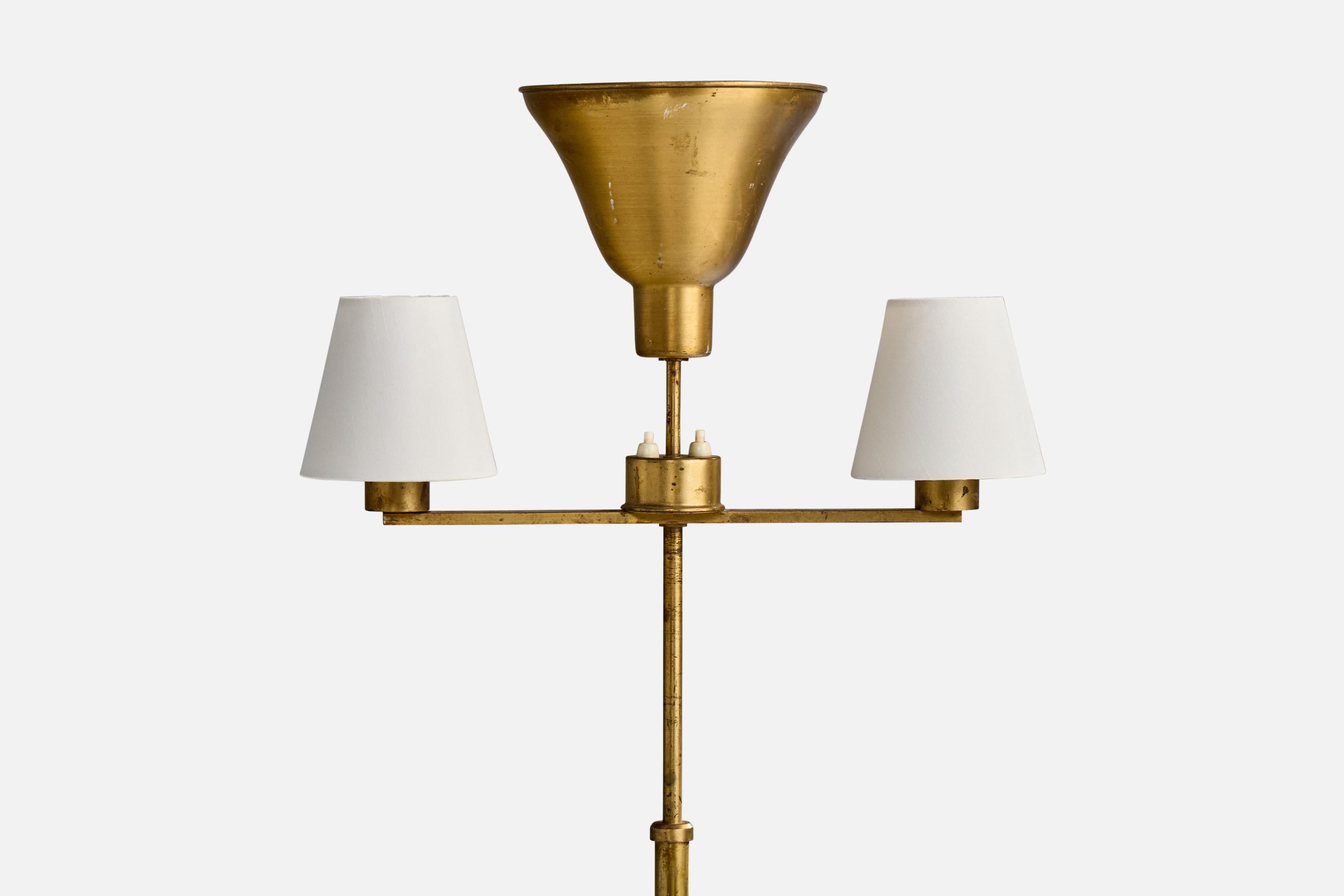 Scandinavian Modern Swedish Designer, Floor Lamp, Brass, Fabric, Sweden, 1930s For Sale