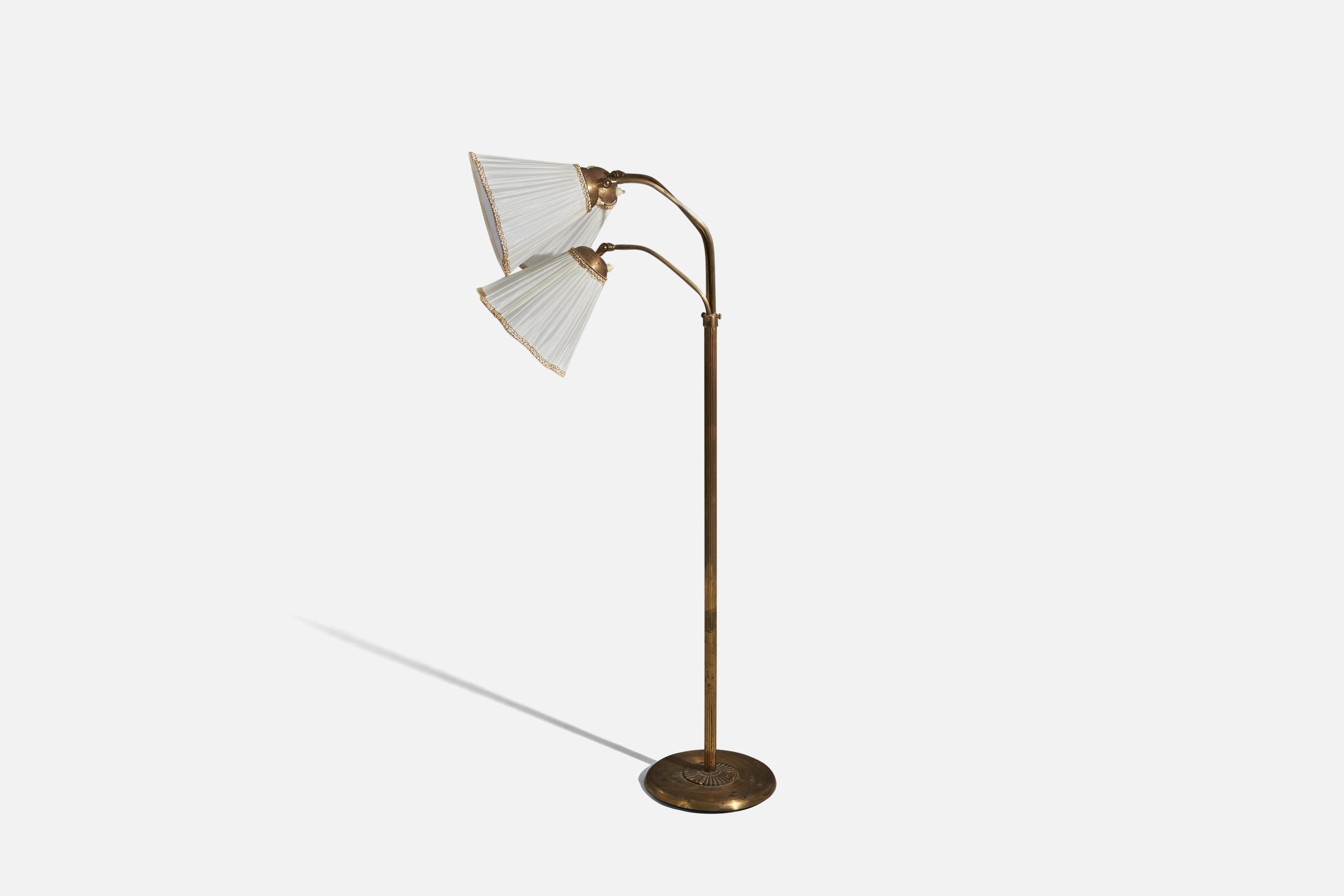 Swedish Designer, Floor Lamp, Brass, Fabric, Sweden, 1930s In Good Condition For Sale In High Point, NC