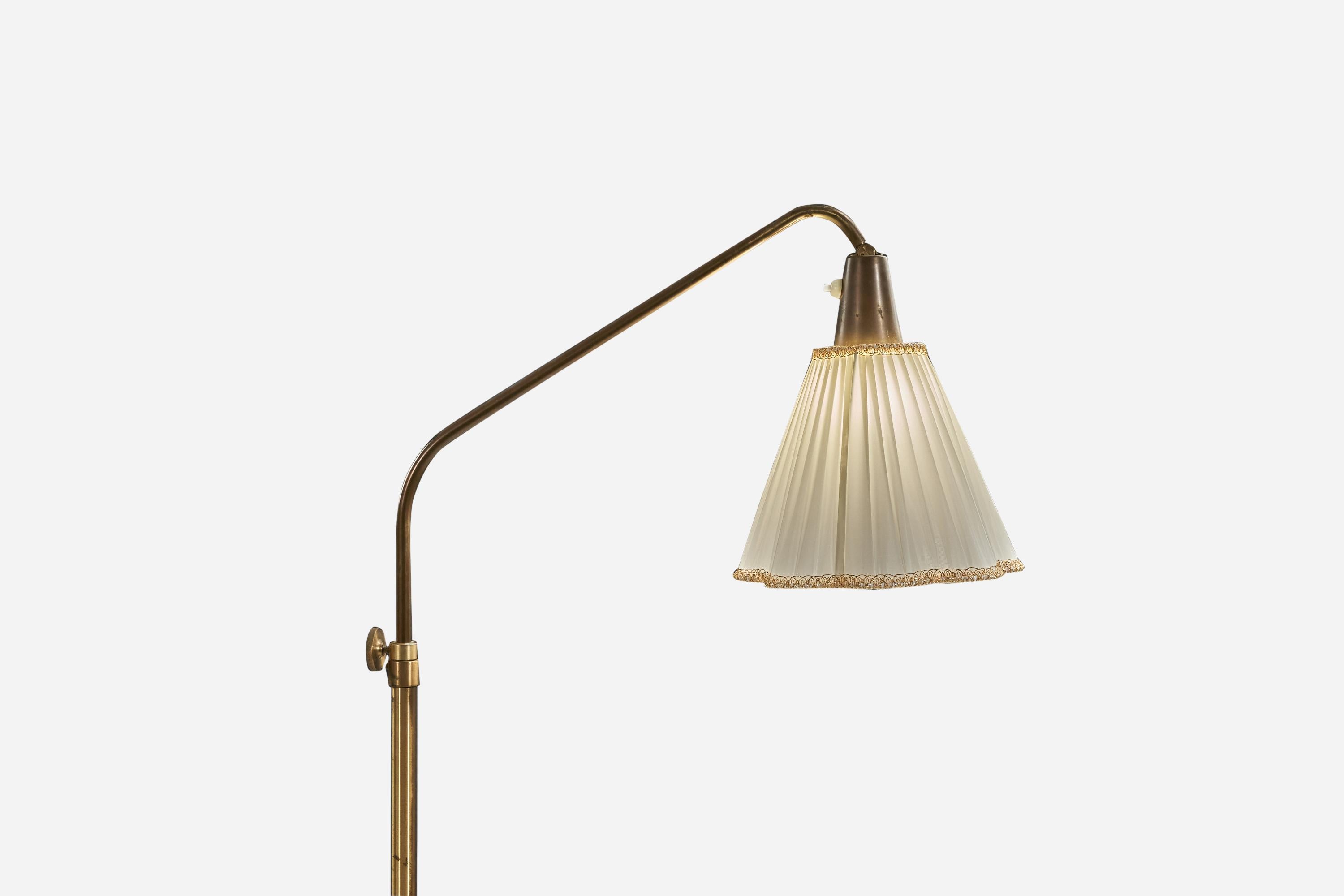 Mid-20th Century Swedish Designer, Floor Lamp, Brass, Fabric, Sweden, 1930s For Sale