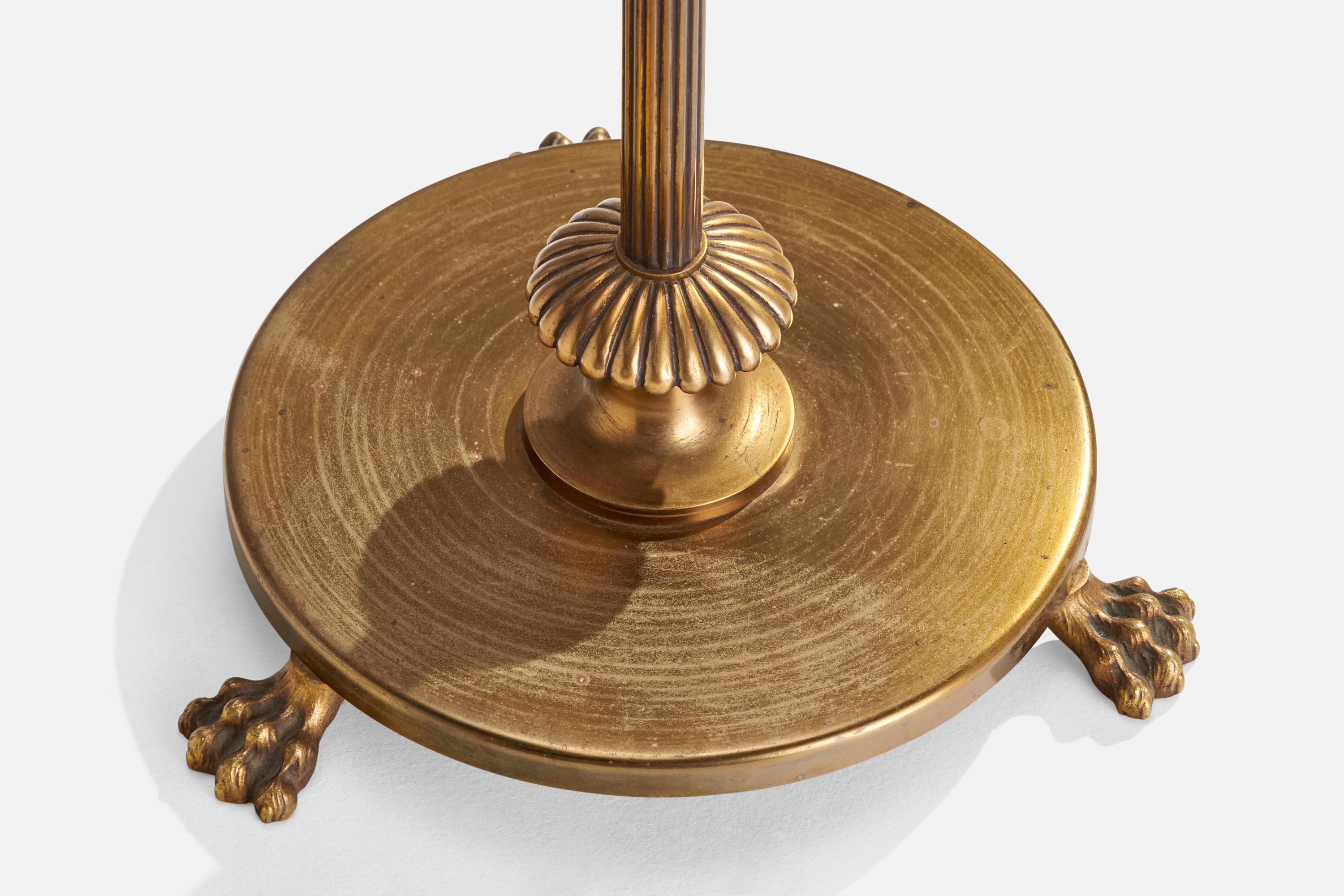 Ottone Lampada da terra di design svedese, ottone, tessuto, Svezia, anni '1930 in vendita