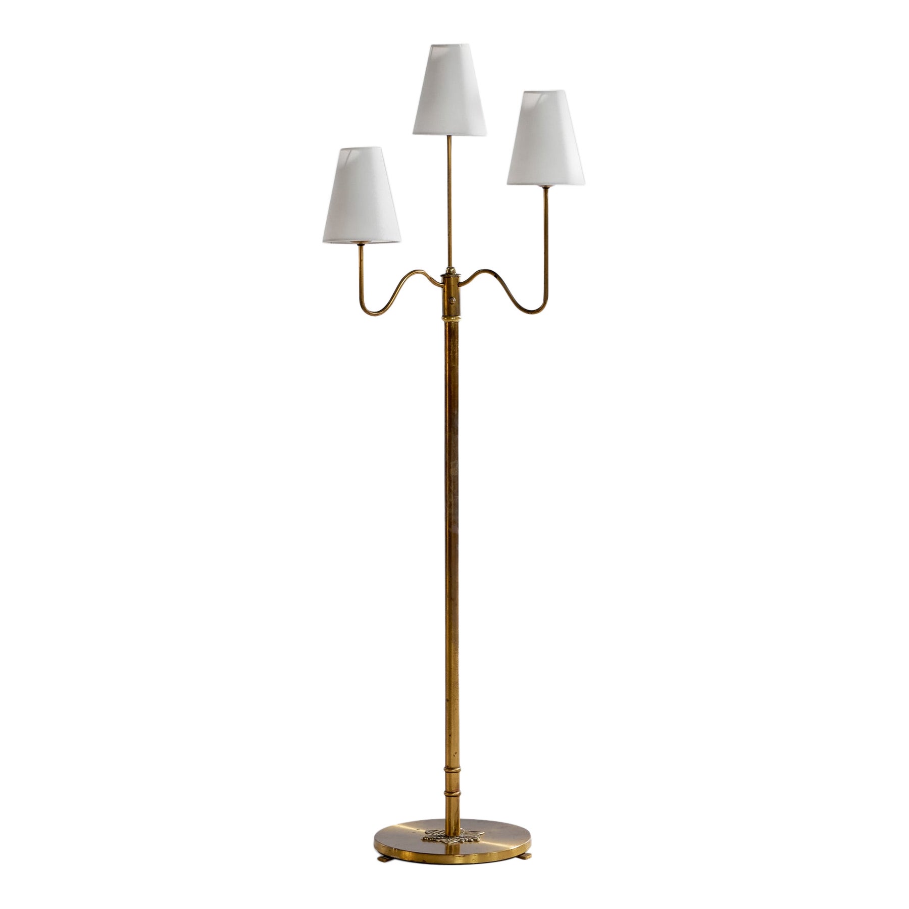 Créateur suédois, lampadaire, laiton, tissu, Suède, années 1930