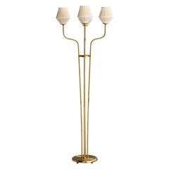 Swedish Designer, Floor Lamp, Brass, Fabric, Sweden, 1940s