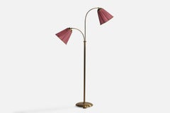 Swedish Designer, Floor Lamp, Brass, Fabric, Sweden, 1940s