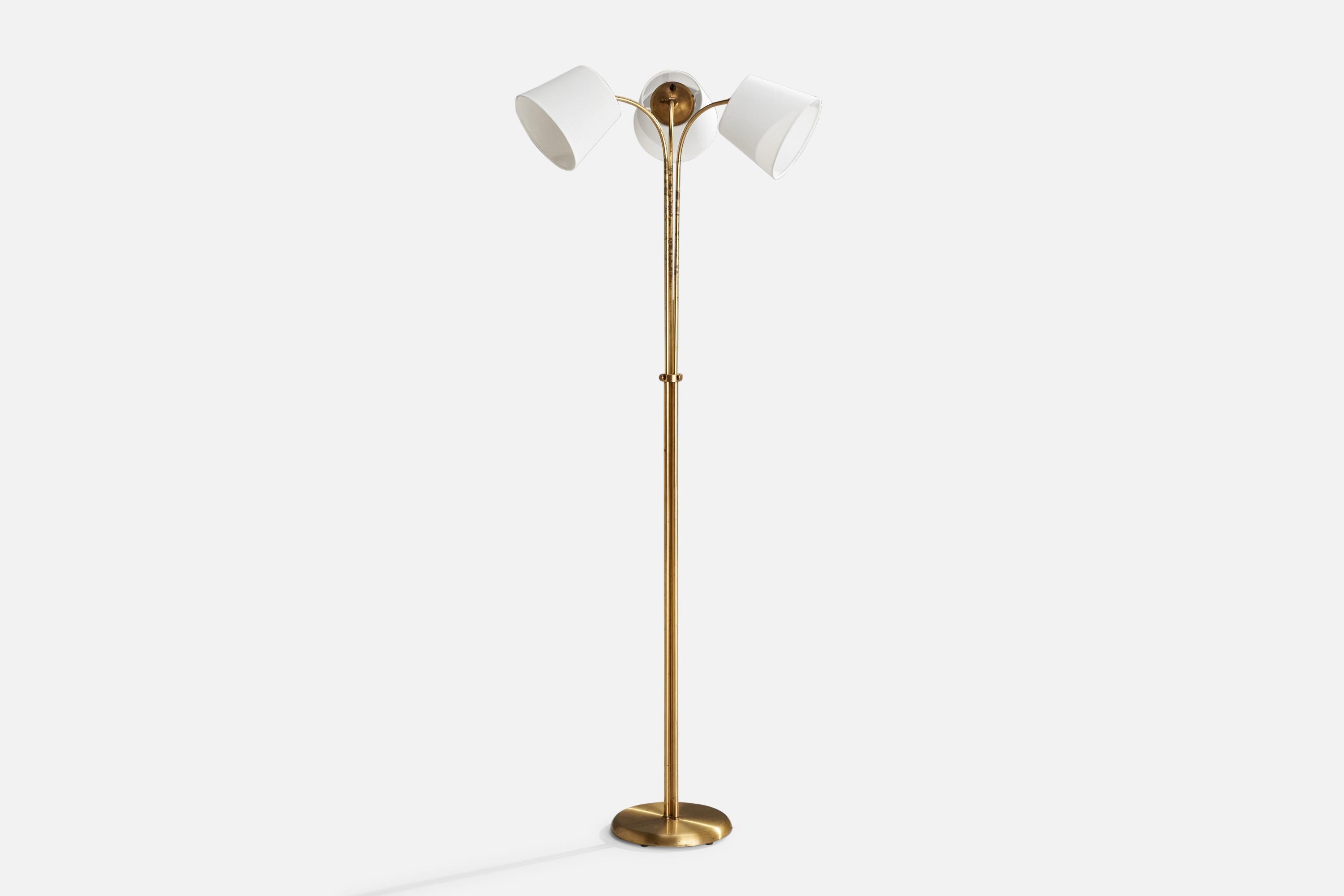 An adjustable three-armed brass and ﻿white fabric floor lamp designed and produced in Sweden, 1940s.

Dimensions Variable 
Overall Dimensions (inches): 63.5” H x 27.5” W x 19.75” D
Stated dimensions include shade.
Bulb Specifications: E-26