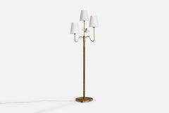 Swedish Designer, Floor Lamp, Brass, Fabric, Sweden, 1940s
