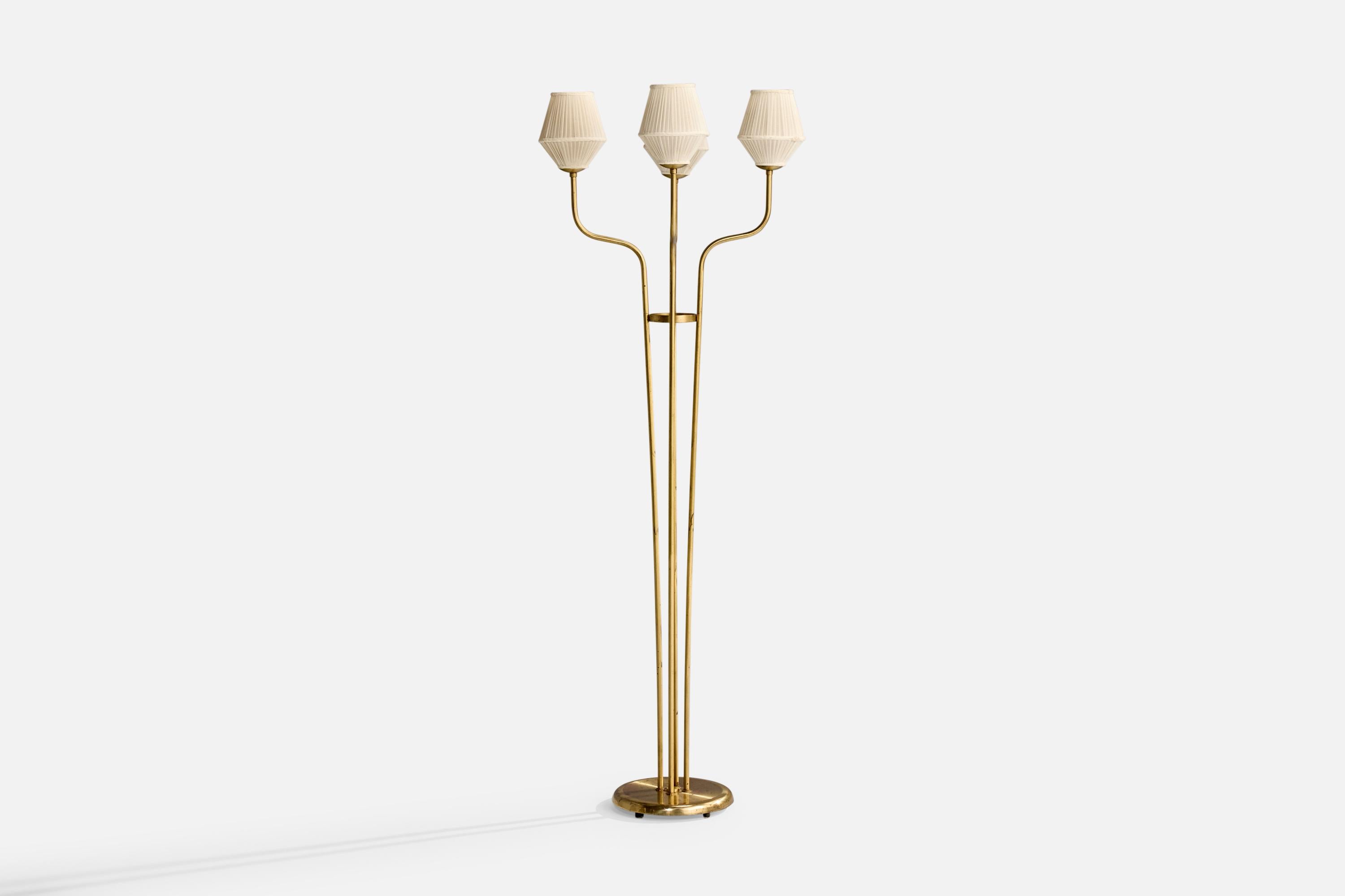 Scandinave moderne Créateur suédois, lampadaire, laiton, tissu, Suède, années 1940 en vente