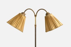 Swedish Designer, Floor Lamp, Brass, Fabric, Sweden, 1940s