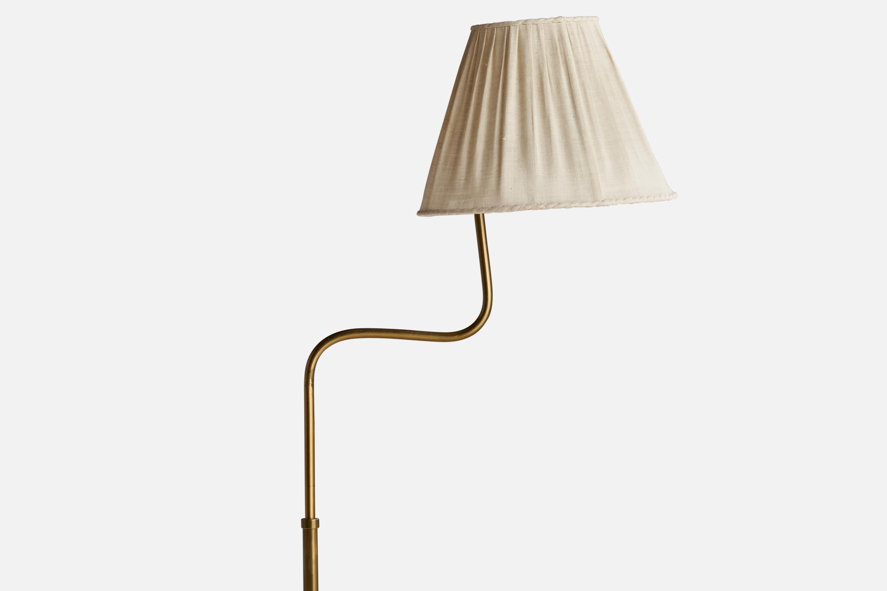 Scandinavian Modern Swedish Designer, Floor Lamp, Brass, Fabric, Sweden, 1940s