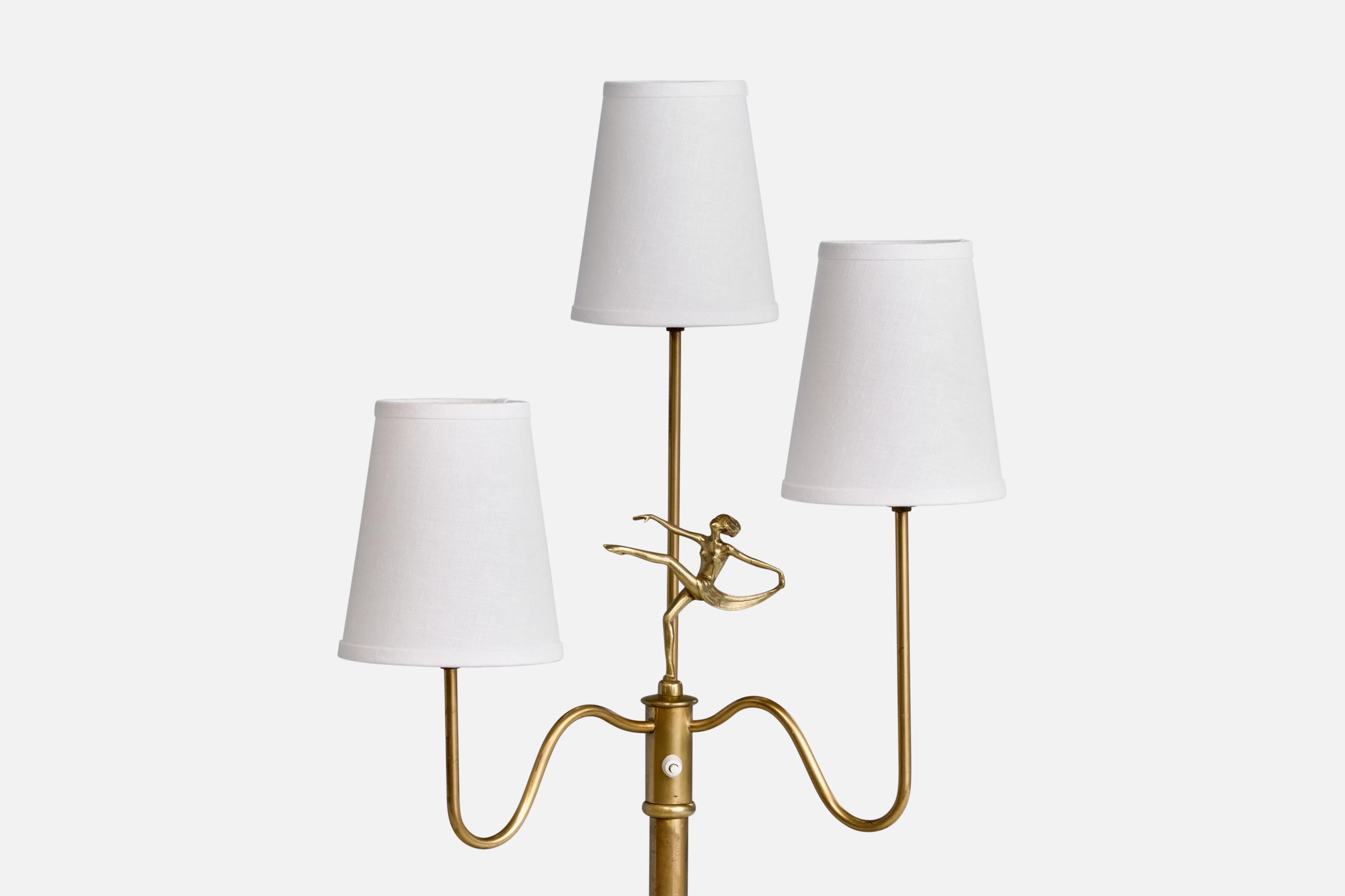 Svedese Lampada da terra di design svedese, ottone, tessuto, Svezia, anni '40 in vendita