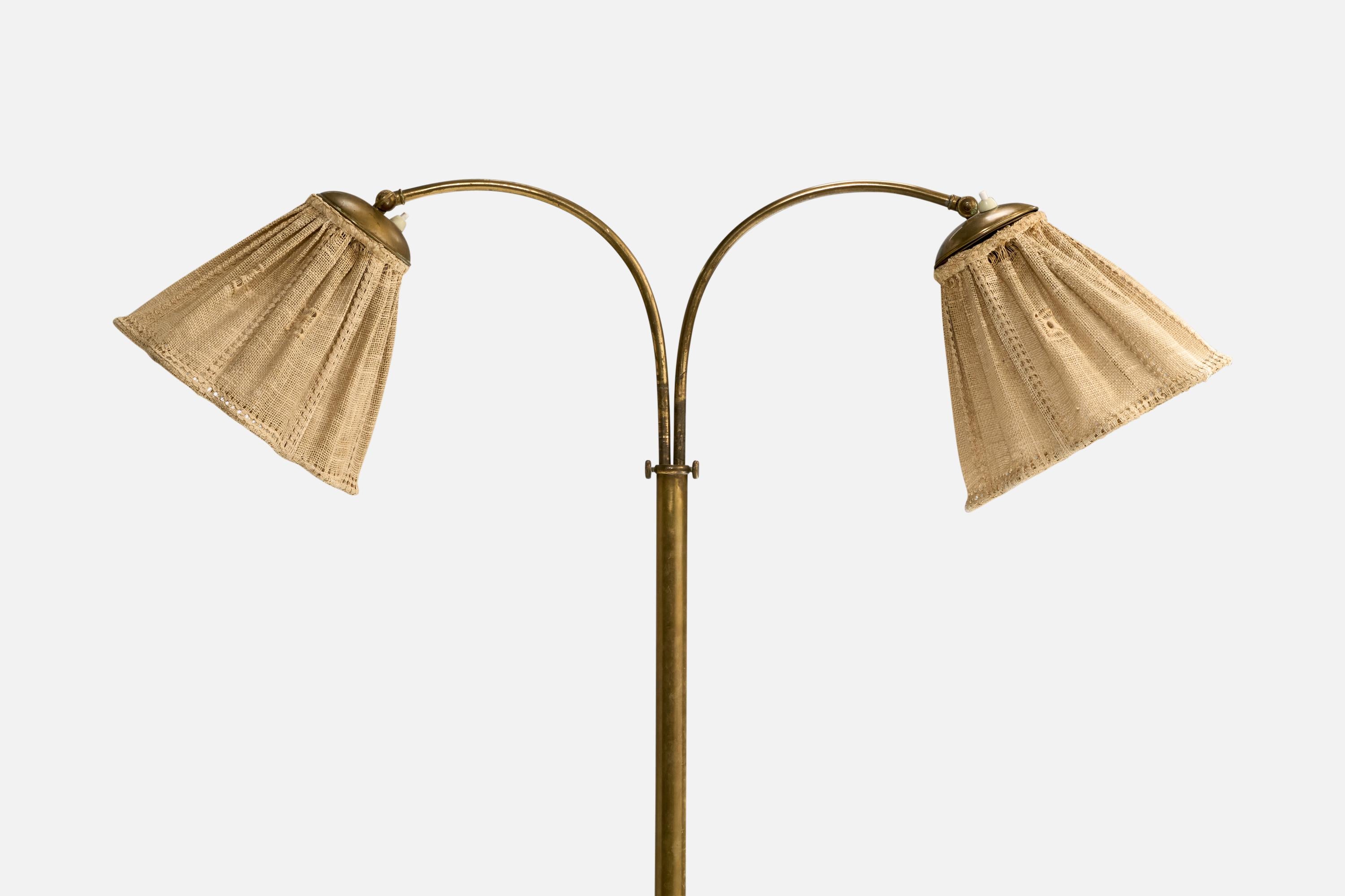 Scandinavian Modern Swedish Designer, Floor Lamp, Brass, Fabric, Sweden, 1940s For Sale