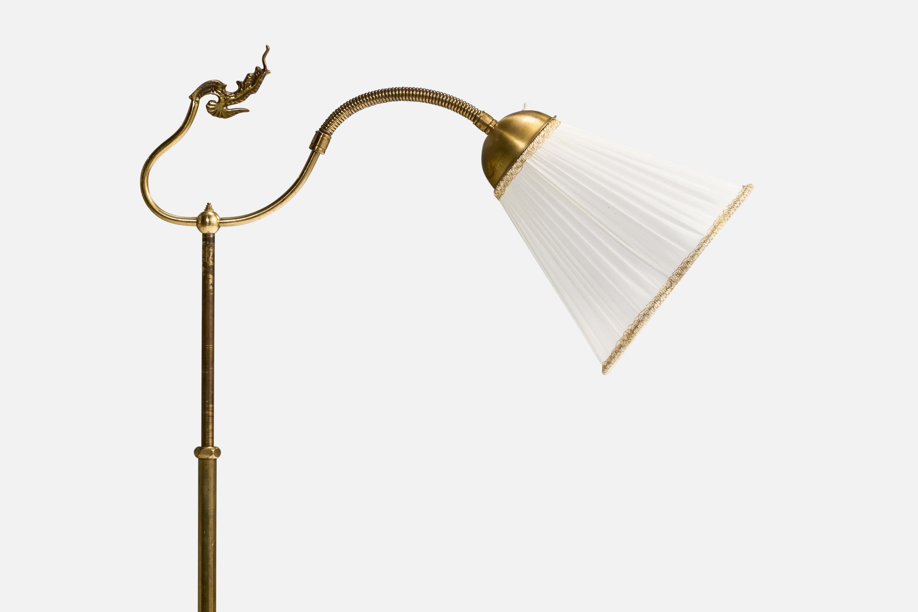 Scandinavo moderno Lampada da terra di design svedese, ottone, tessuto, Svezia, anni '40 in vendita