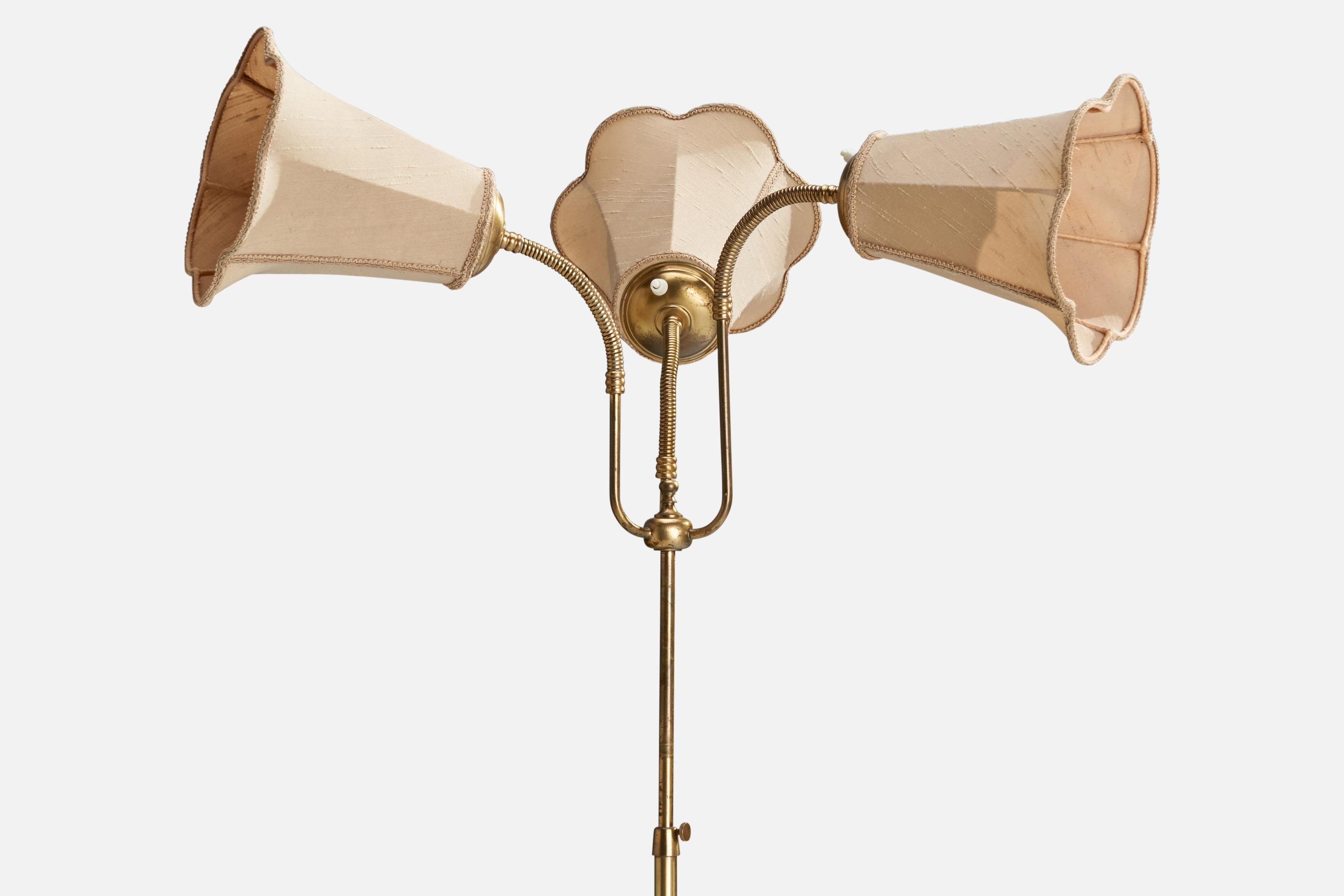 Swedish Designer, Floor Lamp, Brass, Fabric, Sweden, 1940s In Good Condition For Sale In High Point, NC