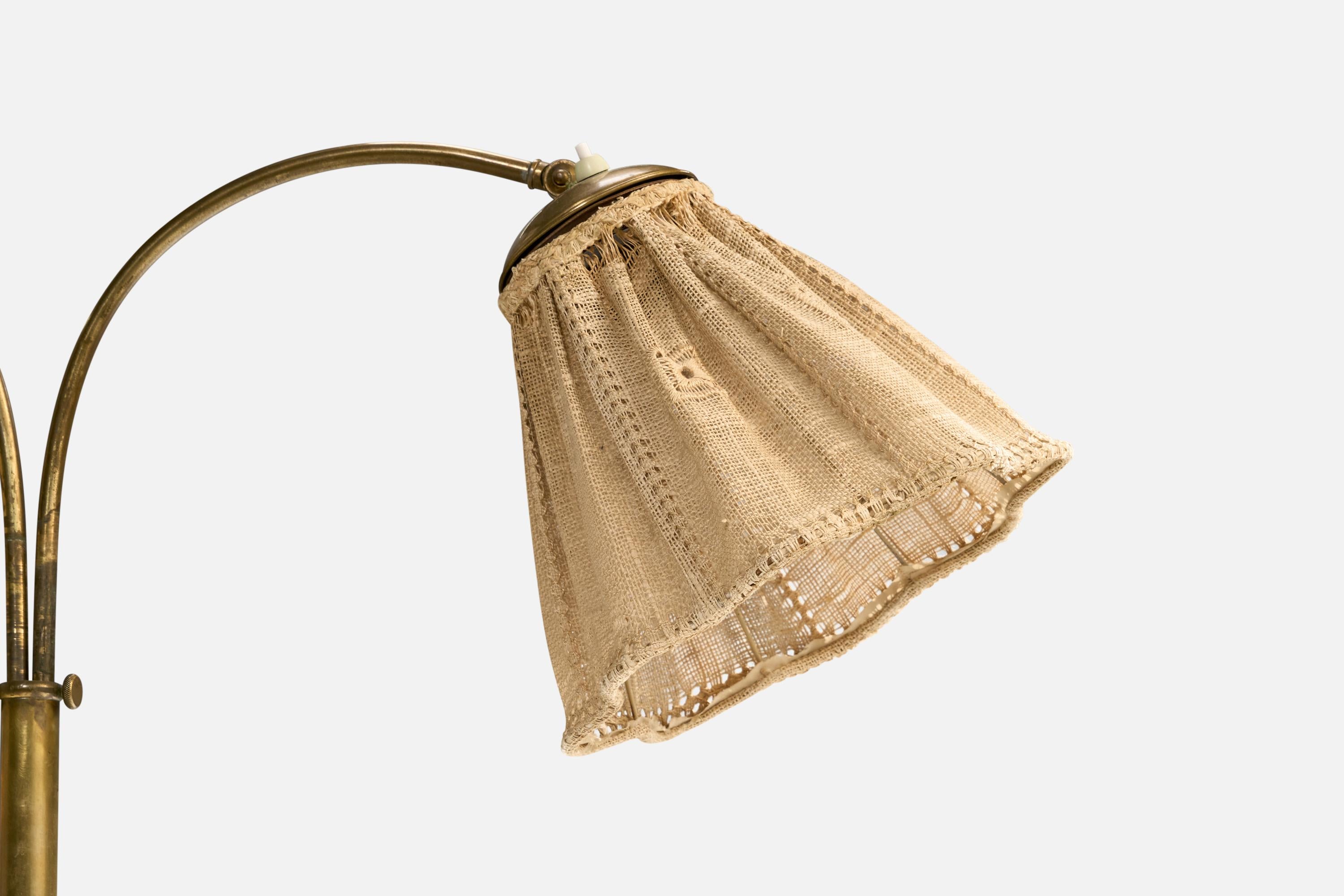 Swedish Designer, Floor Lamp, Brass, Fabric, Sweden, 1940s In Fair Condition For Sale In High Point, NC