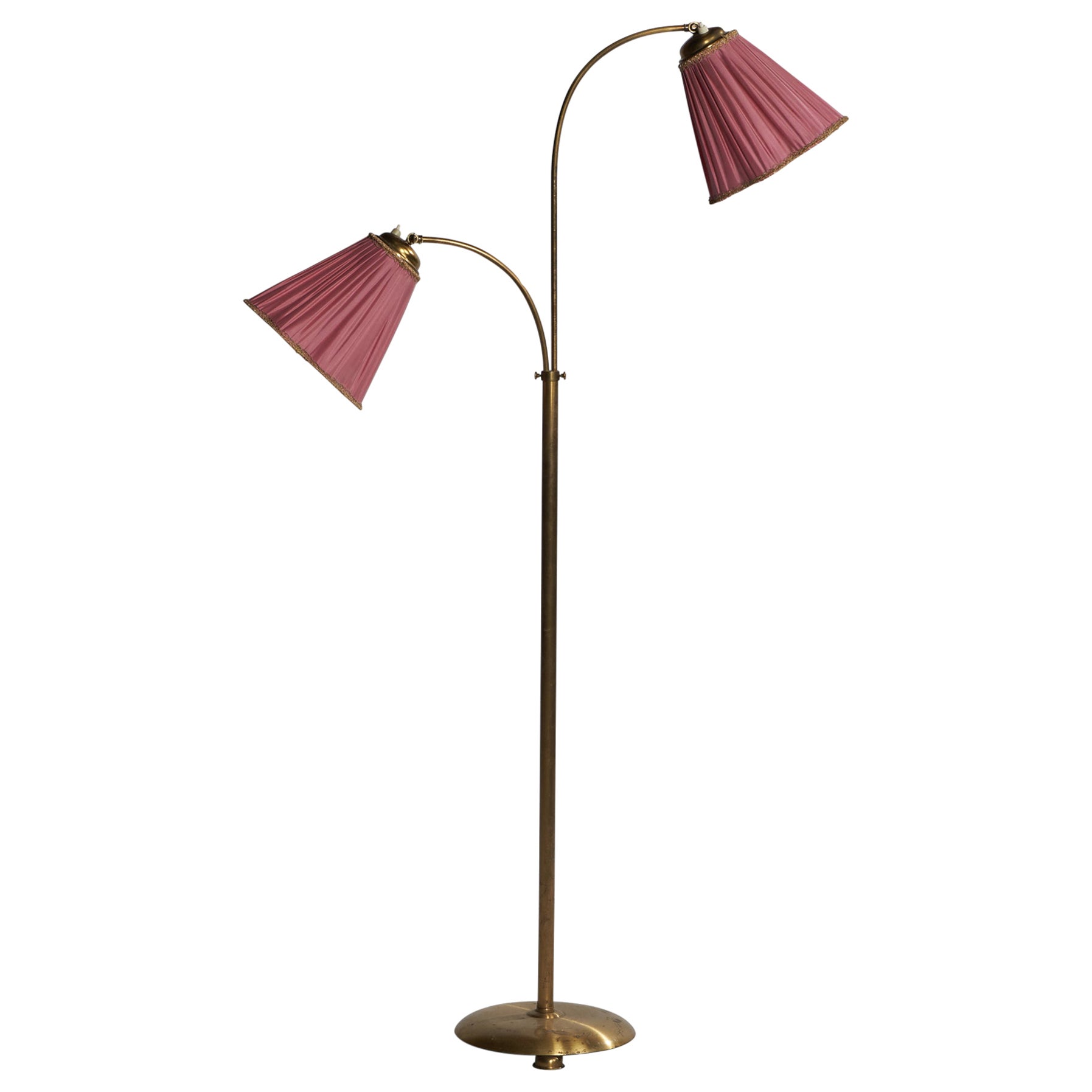 Swedish Designer, Floor Lamp, Brass, Fabric, Sweden, 1940s