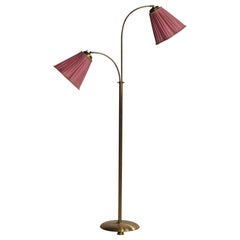 Swedish Designer, Floor Lamp, Brass, Fabric, Sweden, 1940s